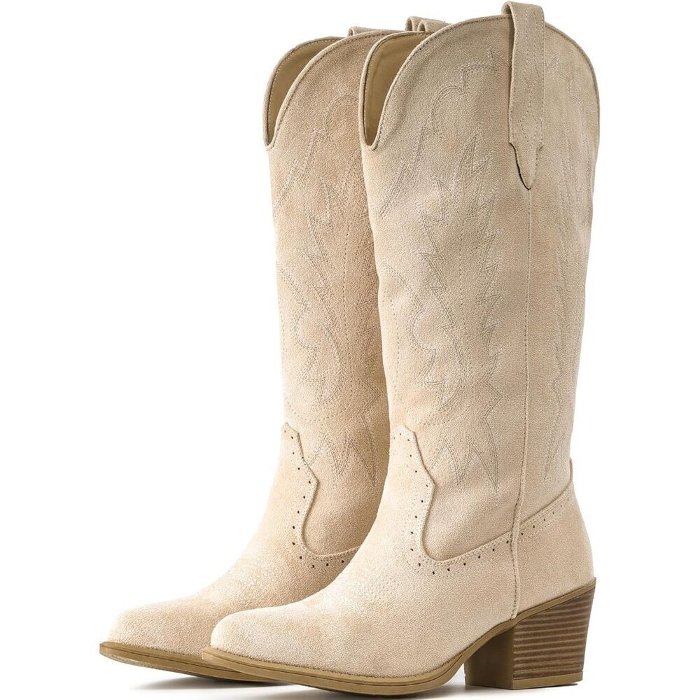 Women Camel Chunky Heel Pointed Toe Cowgirl Mid Calf Embroidery Western Boots